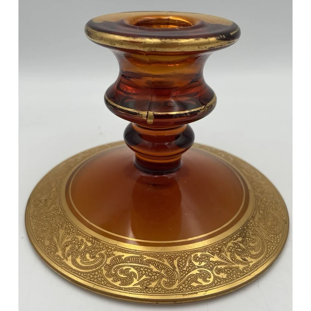 Vtg. Amber Glass Candle Holders Candlestick Pair Gold Encrusted Base Trim 1920's